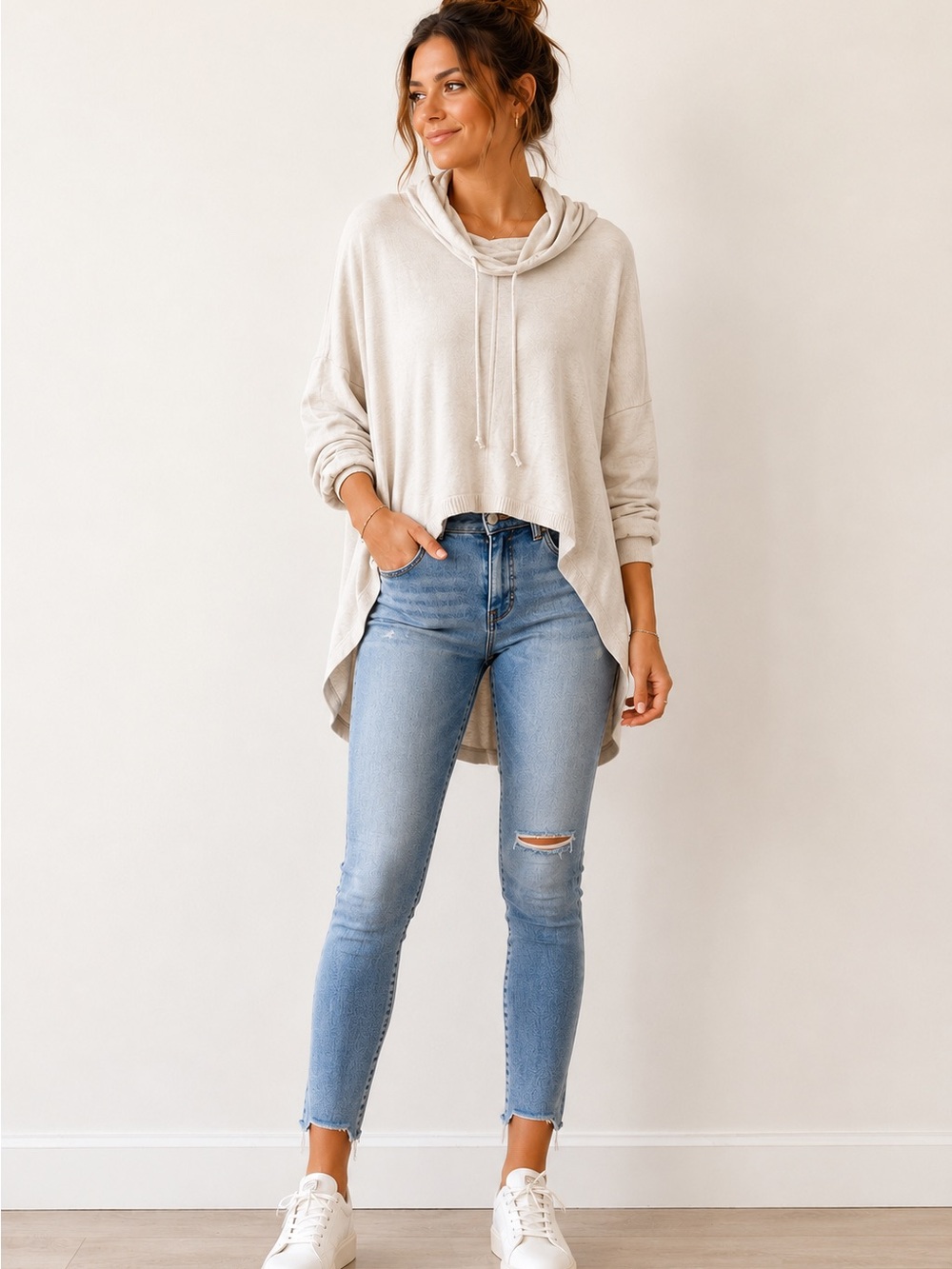 Tempo Paris Cream Cowl Neck Pullover